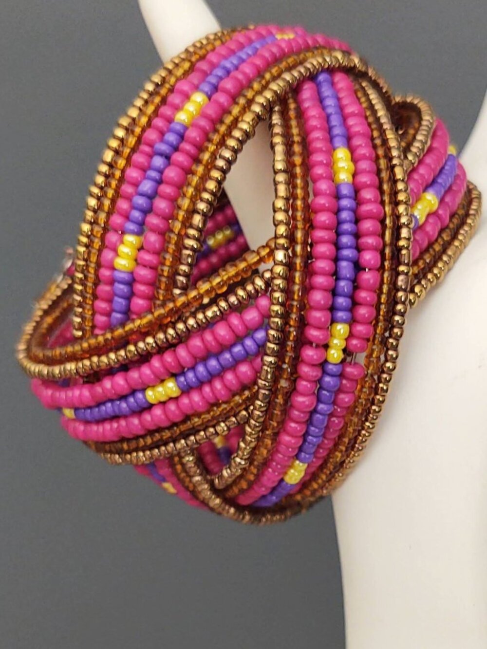 Purple, pink, yellow and metallic seed bead cuff